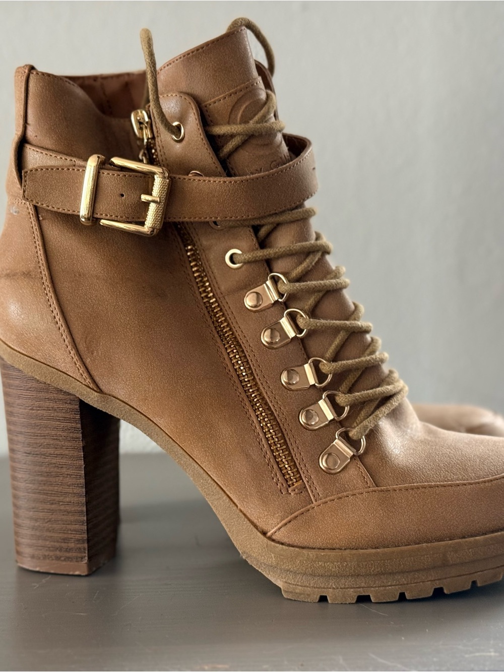 G by Guess Tan Lace-Up Block Heel Ankle Boot with Gold Buckle - Picture 1 of 6